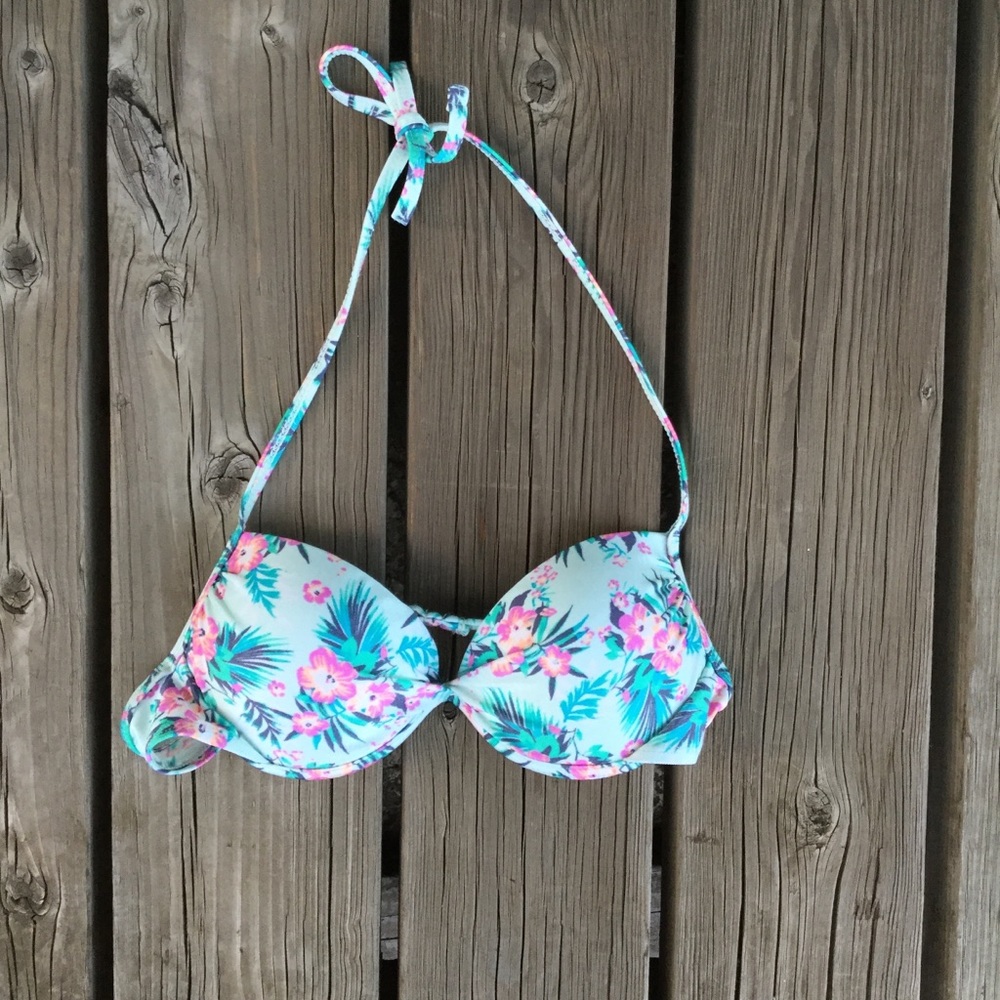 BLUE TROPICAL FLOWERS PUSH UP BIKINI TOP